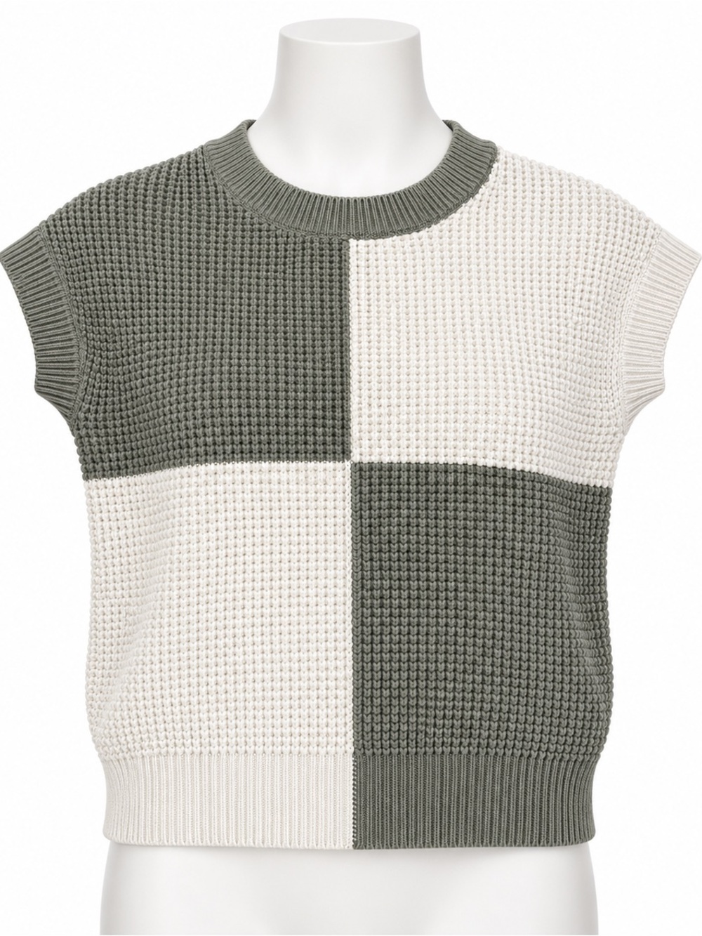 Colorblock Knit Cap-Sleeve Top Small, Olive and White
